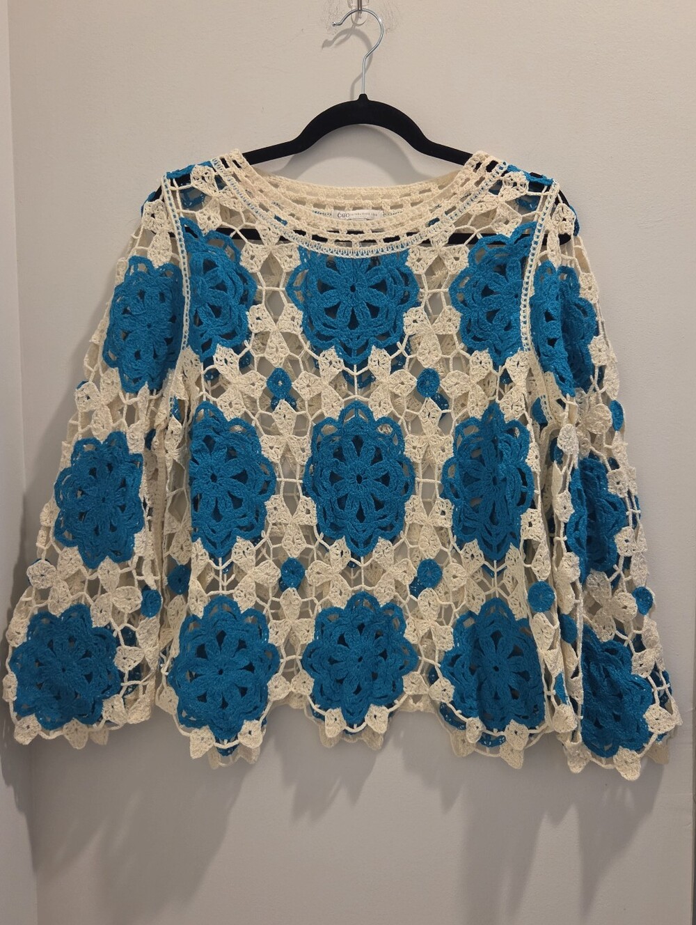 Cream And Teal Crochet Sweater Top Medium | Boho Festival Open Knit